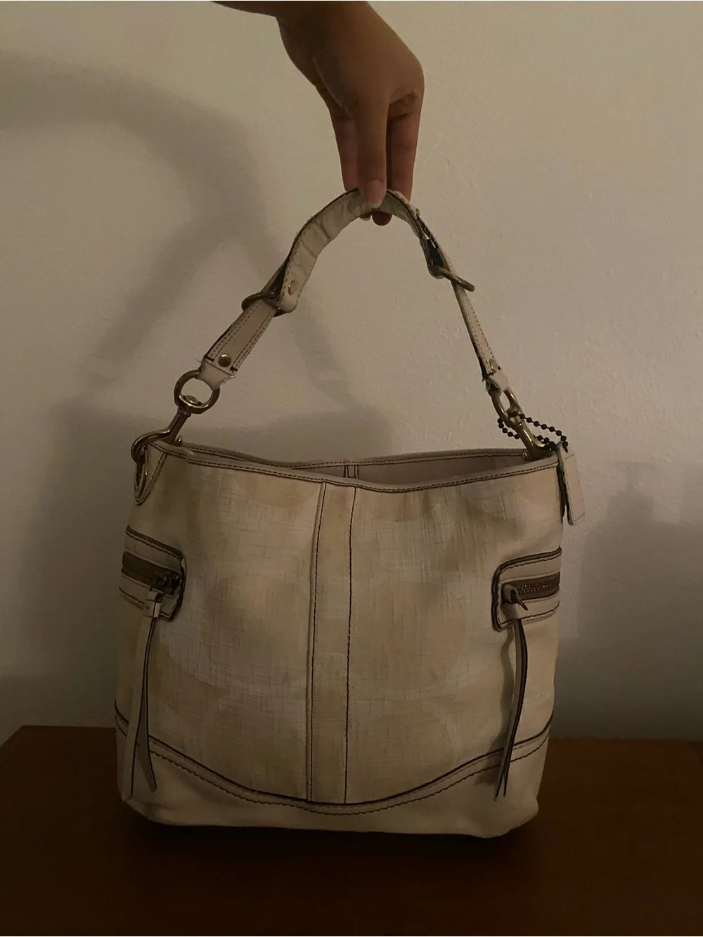 Coach Cream Patterned Hobo Shoulder Bag with Gold Hardware